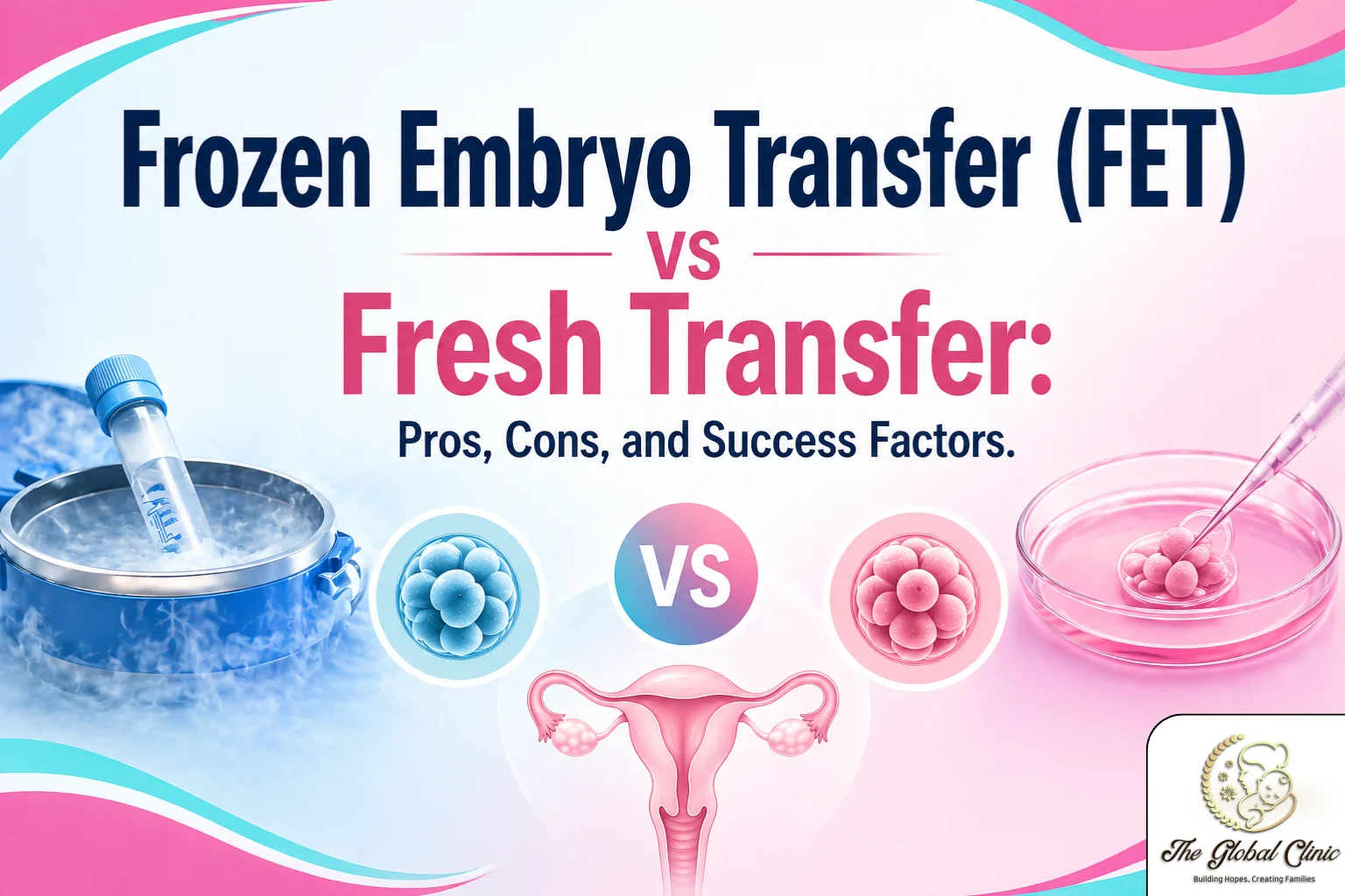 Featured blog image comparing Frozen Embryo Transfer (FET) and Fresh Embryo Transfer in IVF treatment, featuring cryopreserved embryo storage, fresh embryo transfer procedure, embryo development visuals, and female reproductive anatomy to represent the pros, cons, and success factors of both approaches. This educational fertility image supports information on IVF treatment options and guidance from an Infertility Specialist in Greater Noida for choosing the right embryo transfer approach.